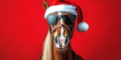 Merry Christmas Festive Horse in Sunglasses and Holiday Gear, Celebrating the Season with Joy