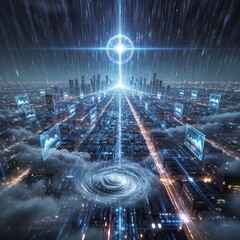 Futuristic cityscape with digital elements and cosmic energy emanating into the sky