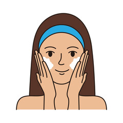 A girl washing her face with foam. Vector illustration of a woman  using gel foam for cleansing skin. Editable stroke