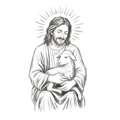 Freehand portrait of Jesus Christ holding a lamb in his arms on a white background. Writing utensils texture. Handwritten pencil strokes. Hand-drawn Christian biblical line. He is risen.