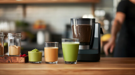Healthy smoothie preparation with a blender and fresh ingredients, showcasing vibrant greens and nutritious options for a balanced lifestyle and wellness journey.