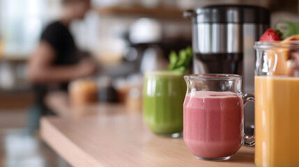 A vibrant array of smoothies sits on a wooden counter, showcasing a rainbow of colors and flavors. These healthy beverages promise a refreshing and nutritious start.