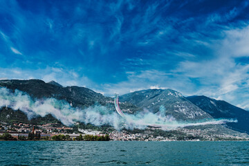 mountain landscape with lake and mountains, frecce tricolori, air exibition, lovere, lake Iseo