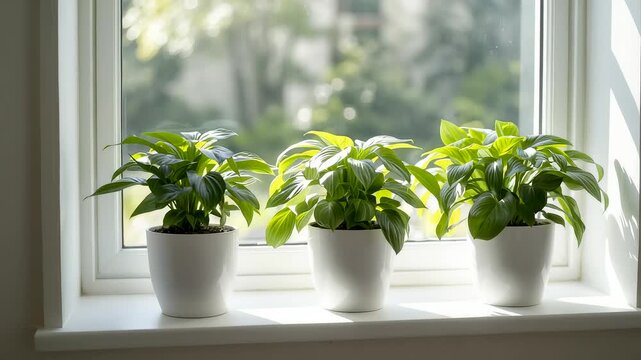 Three Potted Basil Herb Plants on Sunny Windowsill with Natural Light and Greenery View