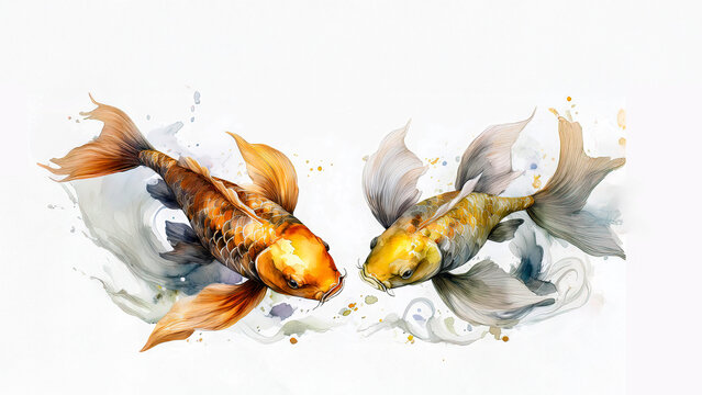 watercolor illustration of two koifish swimming together,pet