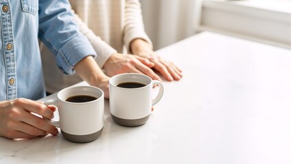 Two people with cups of black coffee on a light marble table, cozy atmosphere, communication, warm drink, home comfort, relaxing moment
