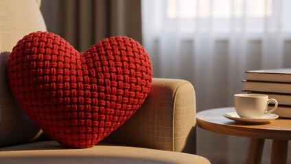 Red knitted heart-shaped decorative pillow on beige armchair next to wooden table with white cup and stack of books, cozy home interior
