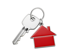 Silver house key with a red house shaped keychain, symbolizing new home ownership, isolated on transparent background