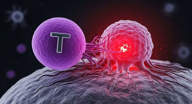 T cell attacking a cancerous tumor cell in the human immune system