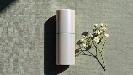 Minimalistic white cosmetic packaging with a bottle and a sprig of white flowers on a textured background, natural light, clean modern style