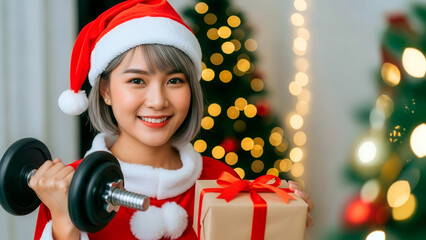 Smiling Asian woman in Santa hat holding dumbbell and gift box. Christmas fitness workout and healthy holiday lifestyle concept