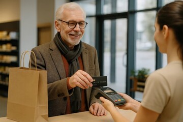 Smiling elderly man in glasses making a contactless payment with a credit card at a store counter, holding a paper shopping bag.