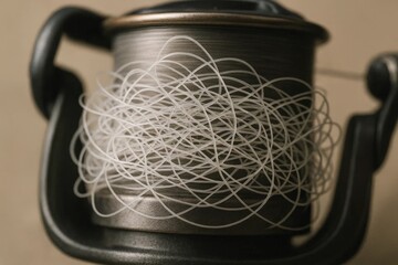 Close-up of tangled fishing line on a spinning reel spool. Messy monofilament birdnest problem showing loops and texture, angling gear issue concept.