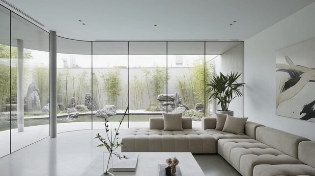 Modern living room with minimalist interior design, large windows, sectional sofa, and serene Japanese garden view