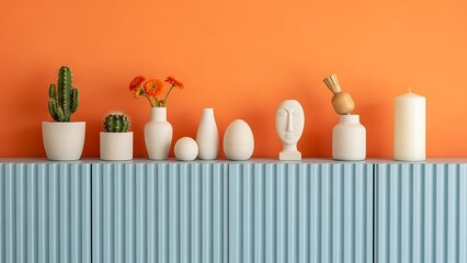 Vase Array: A modern composition of decor and floral, this image showcases a harmonious arrangement of elegant vases, cacti, and artistic elements, all presented against a vivid orange backdrop.