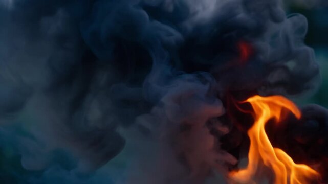 Abstract representation of dark grey smoke and vibrant orange flames swirling together, creating a dynamic visual of fire and smoke in motion