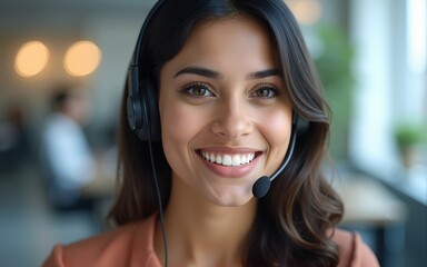 call center customer support and an indian beautiful woman with a headset in her office for help,customer girl calling, indian customer woman calling. High quality