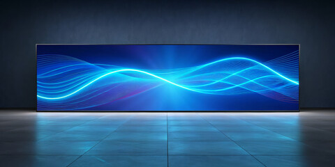 Wide screen display blue gradient abstract wave neon light modern interior minimal design glowing line digital art futuristic banner empty room