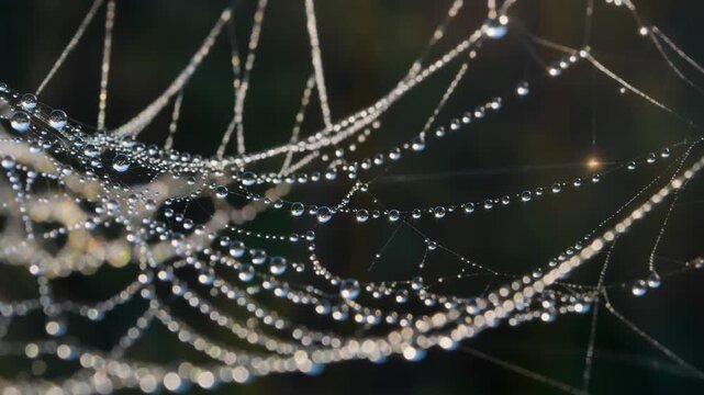 Dew drops glistening on a spider web creating a mesmerizing natural pattern illuminated by soft morning light