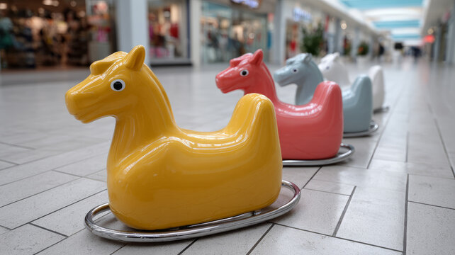 Colorful toy rocking horses in a row in a shopping mall. - Powered by Adobe