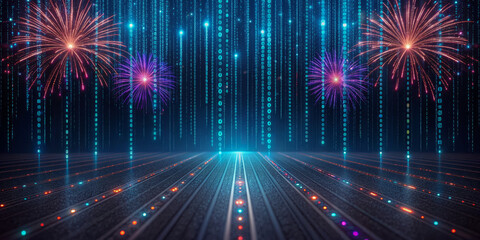 Digital fireworks binary code neon lights data stream futuristic background tech celebration new year cyber glow matrix grid particle sparkle filled with excitement over luminous floor