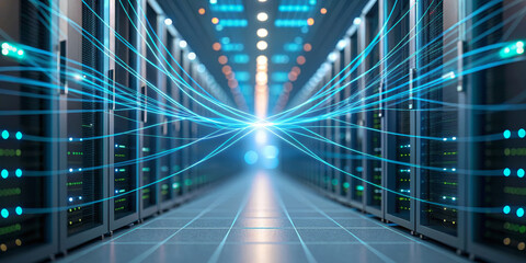 Futuristic data flow visualization network server rack datacenter technology blue glow sweep across symmetrical server aisle, conveying speed, precision, and seamless connectivity modern