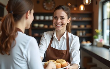 A candid shot of a smiling female baker, who's also the shop owner, offering exemplary customer service as she hands a customer their order in her retail store. High quality