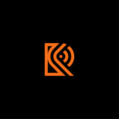 Modern minimalist letter R logo with orange signal or radio wave elements. Professional geometric monogram for telecommunications, tech startup, or network branding. Vector icon on black background
