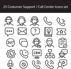 Customer Support and Call Center Vector Icons Set – 25 Line Style Service and Communication Icons
