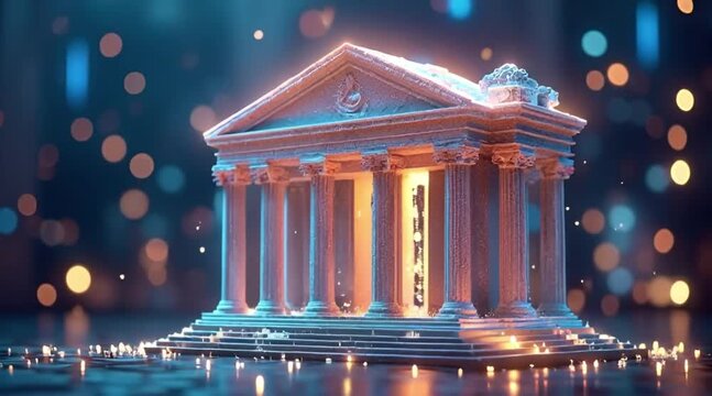 Digital Miniature of a Classical Bank Building Illuminated by Golden Light and Abstract Bokeh Background Representing Finance and Technology