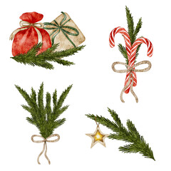 Watercolor Christmas holiday elements set of a gift, tree branches and candy canes isolated on white background.