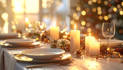 Warm festive dinner table setup with candles, glossy ceramic plates, and elegant gold accents, creating a cozy holiday atmosphere