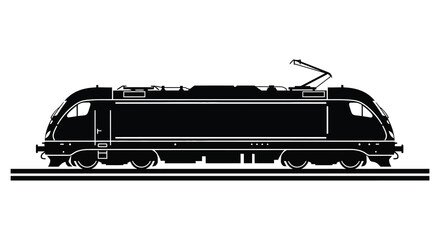 A striking black and white depiction of a powerful electric locomotive on railway tracks silhouette © nhpvect02