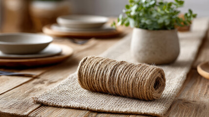 Rustic table setting with jute twine and plant centerpiece.