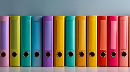 Row of colorful ring binders organizing office documents
