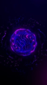 Vertical glowing orb with purple, blue, and pink technology light flow. Abstract plasma animation in futuristic sci-fi style. Seamless 9:16 loop background.