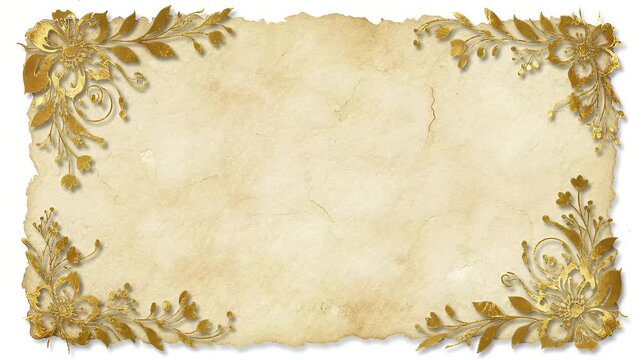 Decorative antique parchment with ornate gold floral borders framing a blank central sheet for invitations and manuscripts