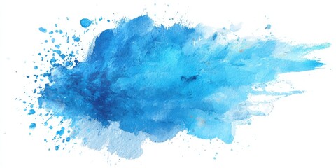 Obraz premium Blue watercolor splash with paint splatter, fades to white