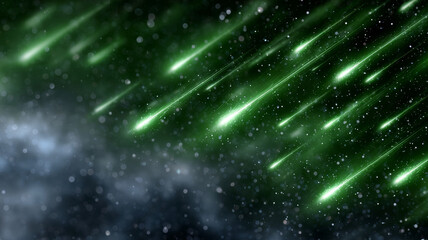 Green meteors streak across a starry night sky.