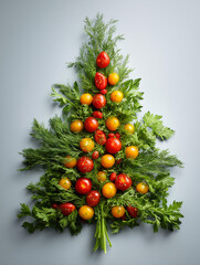 Christmas tree shape made from fresh dill, parsley and cherry tomatoes, promoting healthy eating during the holidays