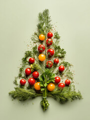 Christmas tree shape made from fresh dill, parsley and cherry tomatoes, promoting healthy eating during the holidays