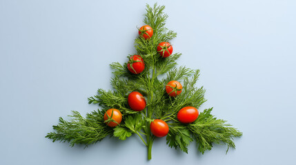 Christmas tree shape made from fresh dill, parsley and cherry tomatoes, promoting healthy eating during the holidays