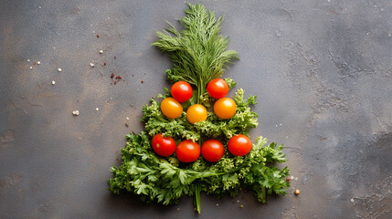 Christmas tree shape made from fresh dill, parsley and cherry tomatoes, promoting healthy eating during the holidays