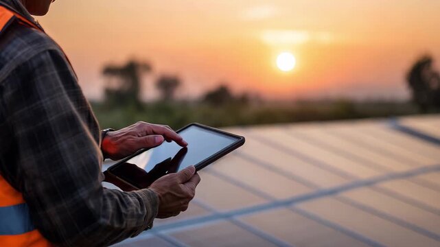A worker monitors a solar panel system using a tablet while the sun sets in a rural landscape