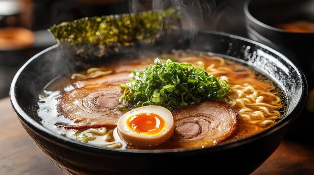 A steaming bowl of authentic Japanese ramen, with perfectly arranged toppings of chashu pork, a soft-boiled egg (ajitama), and nori, in a bustling Tokyo ramen shop setting, rich and complex, 