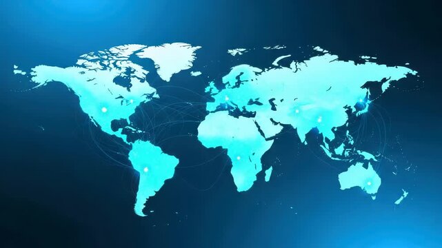 Glowing Digital World Map with Global Network Connections on Futuristic Blue Background