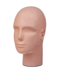 Flesh-toned bald mannequin head isolated on a white background.