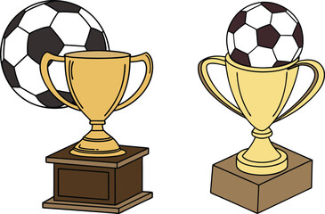 Two gold winner trophies display a black and white soccer ball on transparent background