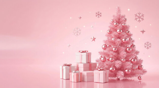 Pastel Pink Christmas 3D Background with Tree, Gifts, and Floating Snowflakes