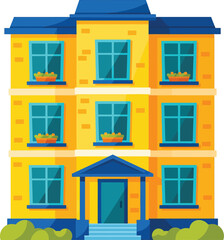 Bright yellow threestory apartment building with a blue roof windows and entrance depicted in a flat vector style.